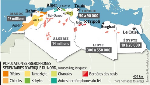 carte des amazighs berberophones afrique du nord - © source monde diplomatique - Berbers in morocco